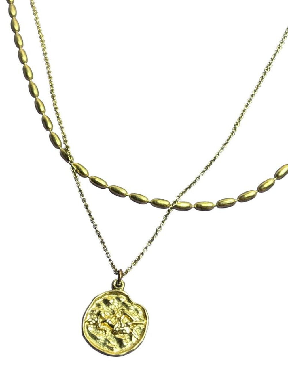 2 Strand Goldtone Chain Necklace Hammered Coin 15 - 17 inches Long